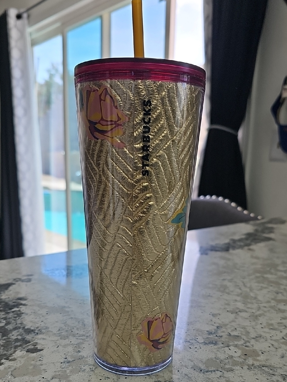 Starbucks Gold Floral Tumbler with Pink Lid and Yellow Straw